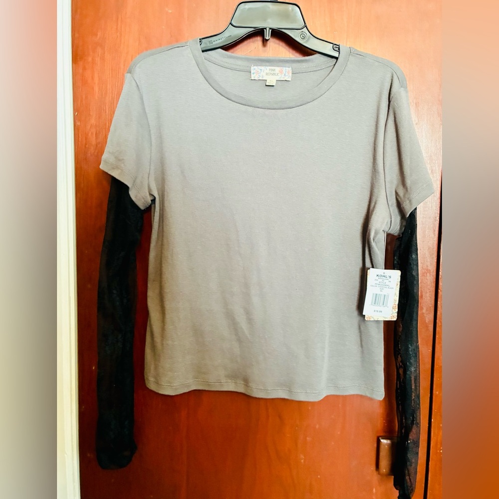 Pink Republic Gray Top with Black Lace Sleeves
